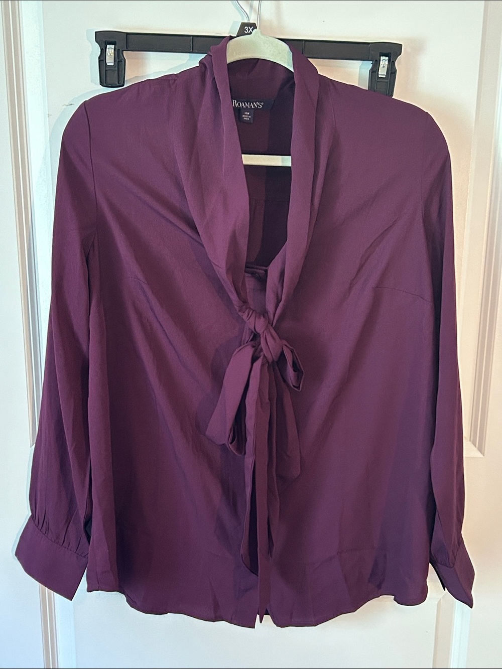 Roaman's Plum Tie-Neck Blouse - Deep Purple Women's Top